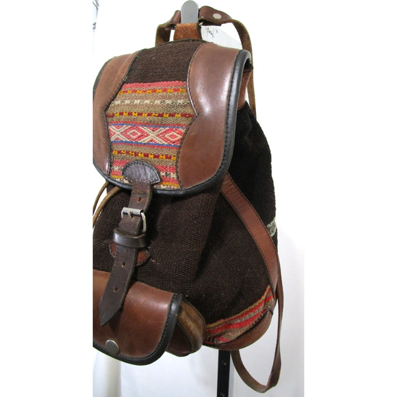 Artisan Handmade in Peru Multicolor Wool, Leather Backpack Purse - Picture 3 of 8
